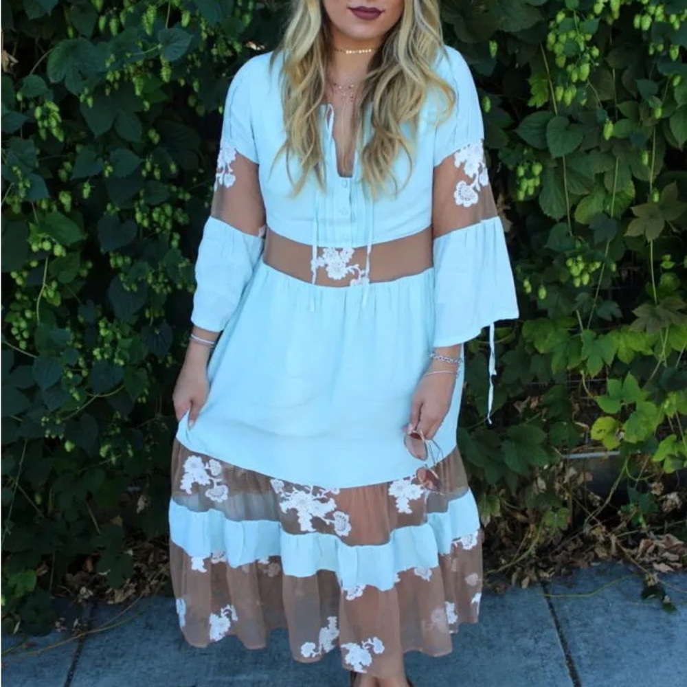 For Love & Lemons white and Tan Tiered Lace Maxi Dress